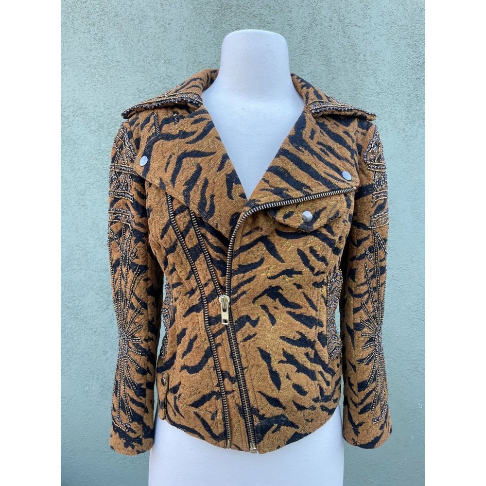Free People New Romantics Tiger Print Moto Jacket Beaded Embellished / XS